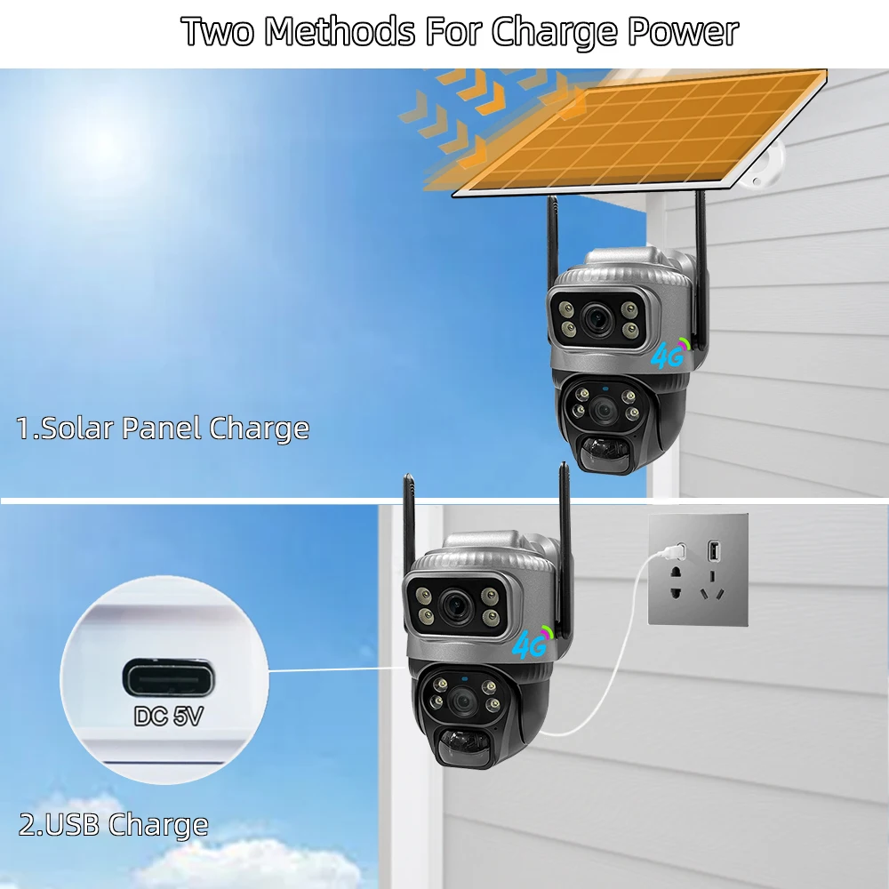4G Sim Card Solar Camera Dual Lens Outdoor 8MP 4K Low Power Battery IP Camera PIR Night Vision V380 Pro CCTV Security Protection