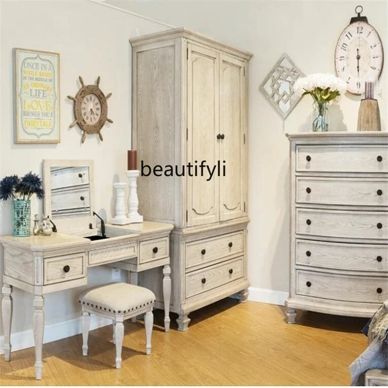 ss1001 American Country Solid Wood White Old Dresser French Retro Bedroom Flip Makeup Table Multifunctional Desk