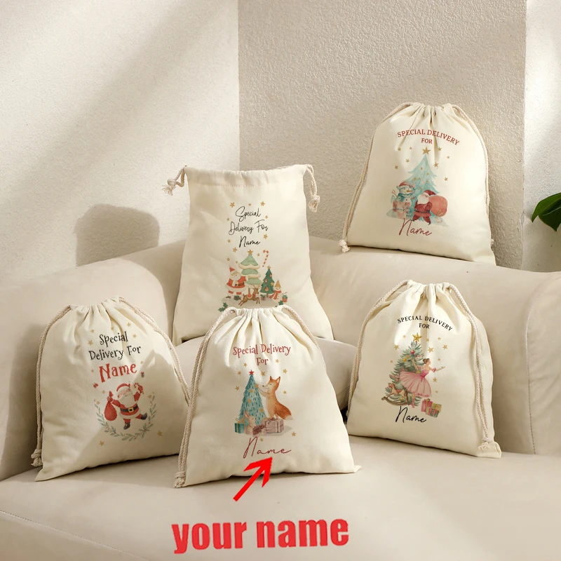 Personalized Christmas Santa Sack Cartoon Santa Claus Canvas Drawstring Bag, Custom Name Xmas Gift Pouch for Holiday Present