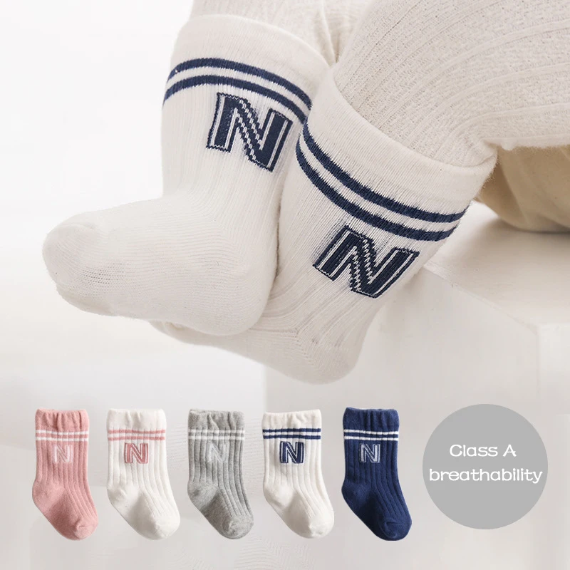 Fashion Stripe Children Knitted Socks N-Letter Baby Mid Tube Sock Solid Color Toddler Cotton Socks Soft Breathable Footwear 0-3Y - view 2