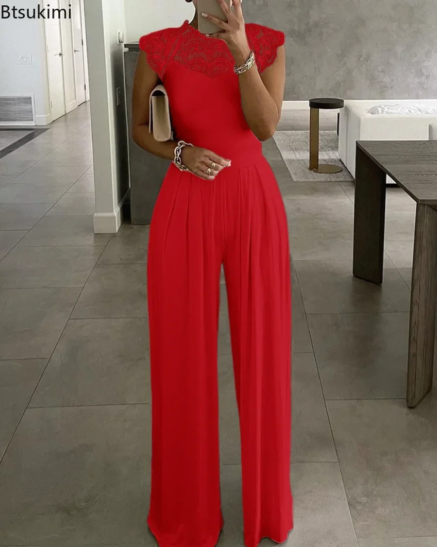 New 2024 Women\'s Summer Casual Jumpsuit Solid Sexy Hollow Out  Elegant Jumpsuits for Girls Wide Leg Sleeveless Rompers Outfits