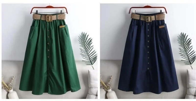 2025 Spring Summer Women Washed Cotton Elastic High-waist Skirt Pocket Belt Solid Long A-line Skirts Split Hem All-match Skirts