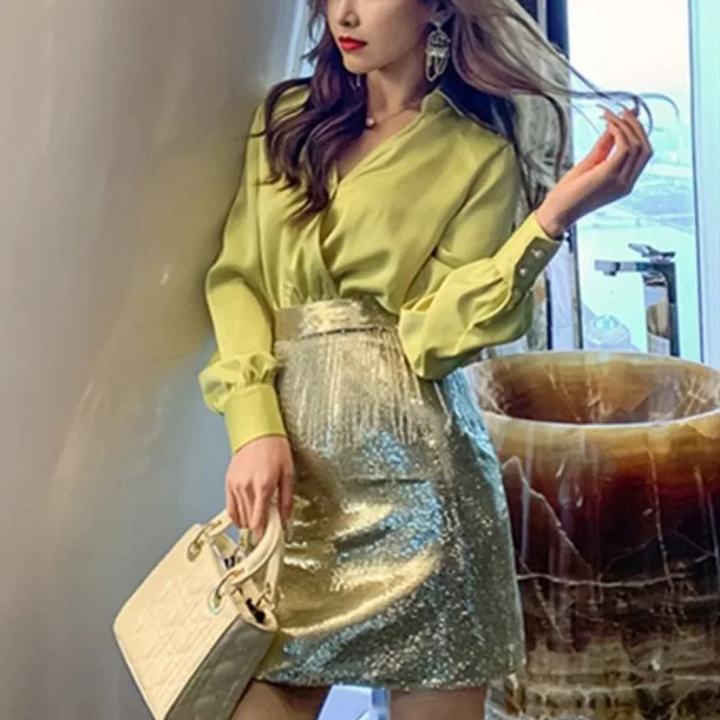 Party Midi Skirt Long Sleeve Sexy Women\'s Two Piece Set Sequin Yellow Female Outfits Korean Style Vacation 2024 Vintage Co Ord