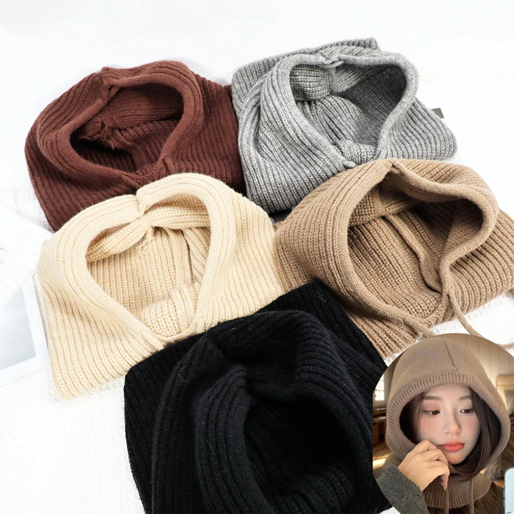 Knitted Scarf Hood Hat Women Winter Unisex Balaclava Bib Skiing Outdoor Wool Bonnet Cashmere Beanies Warm Drawstring Wholesale