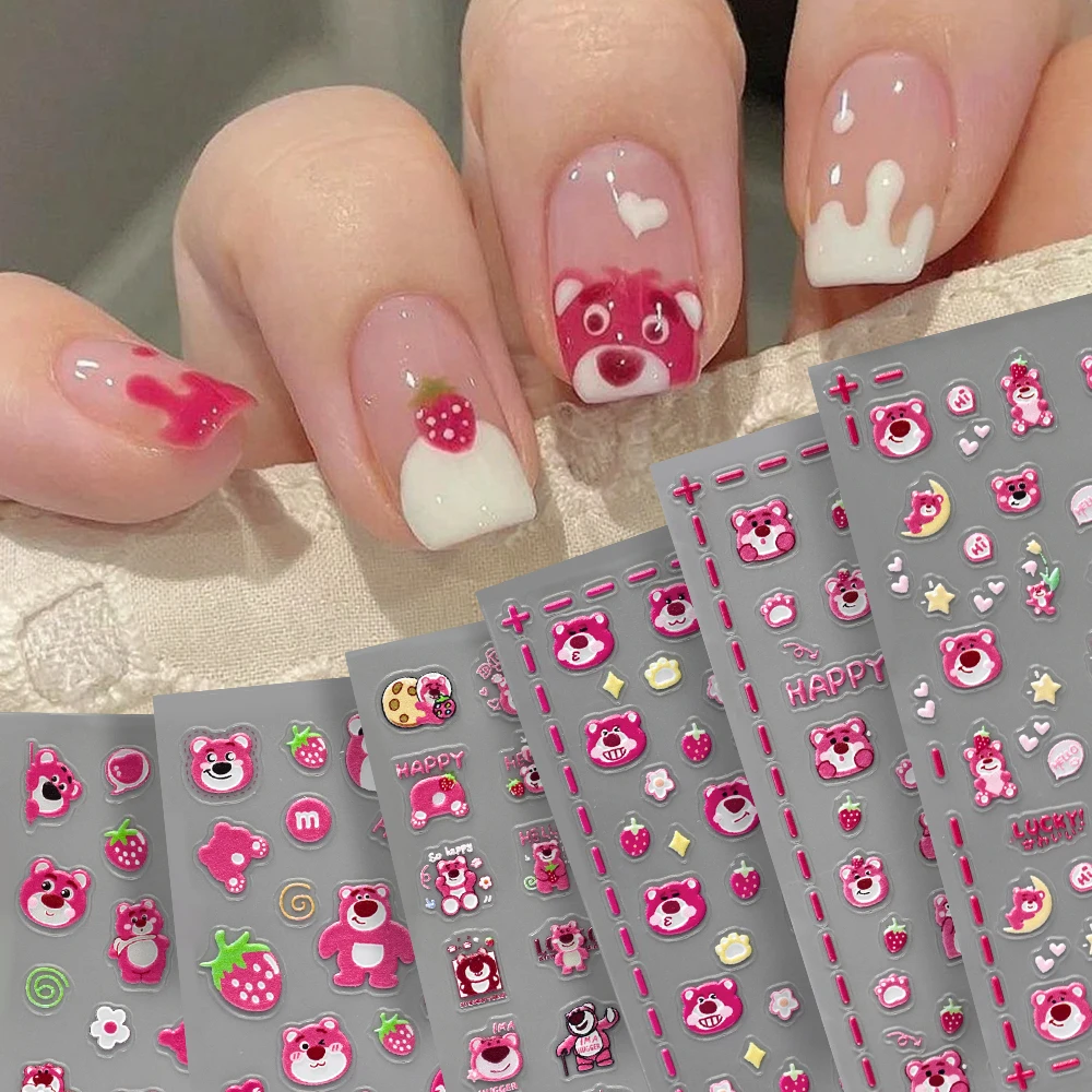 5D Carino Dolce Orso Fragola Adesivo Per Unghie 10X8m Autoadesiva In Rilievo Lotso Orso Slider Decalcomanie Kawaii Adesivo Manicure Fornitura