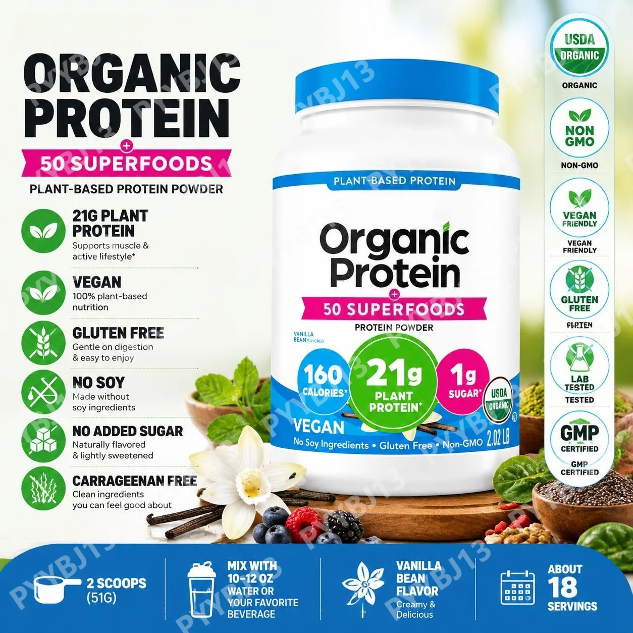 Plant-Based Protein Powder with 21g Plant Protein, Vegan, Gluten Free, No Added Sugar, 50 Superfoods Blend, 18 Servings