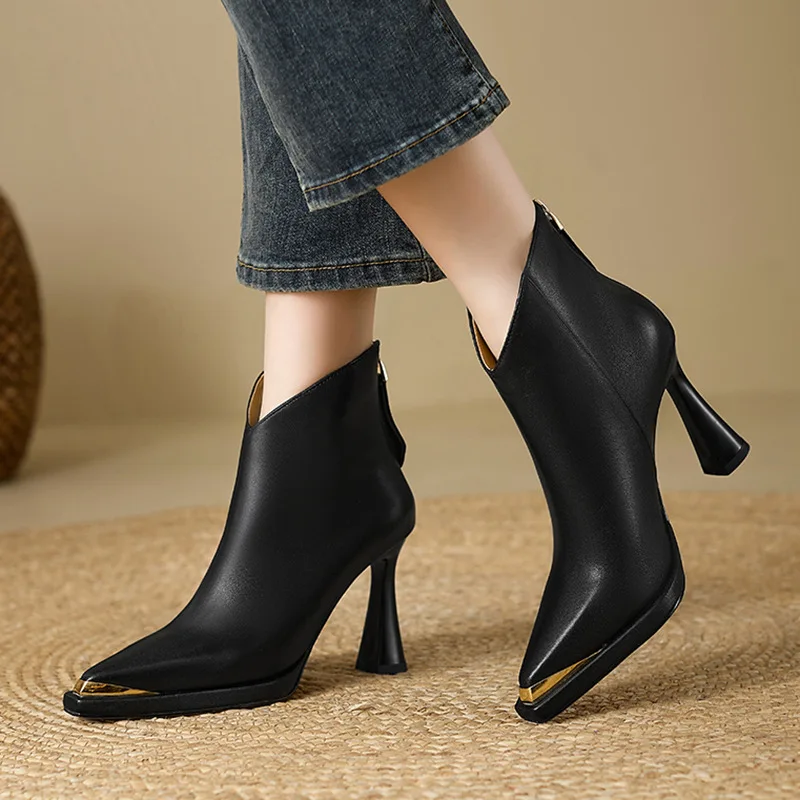 

2026 Women's Chunky Heel Ankle Boots Pointed Toe Side Zipper Pu Leather Short Boots Black/Brown Fashion Dress Shoes Q-961