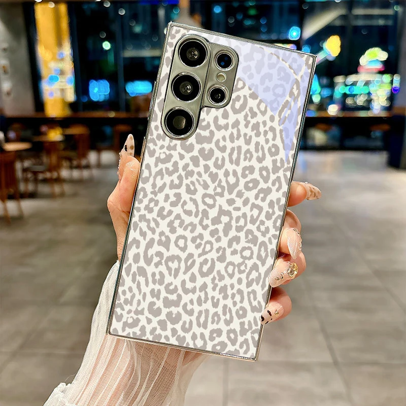 Beige Cheetah Spot Electroplated Silver Phone Case For Samsung Galaxy S26 S25 S24 S23 S22 S21 S20 Ultra Plus FE S23 Glass Cover