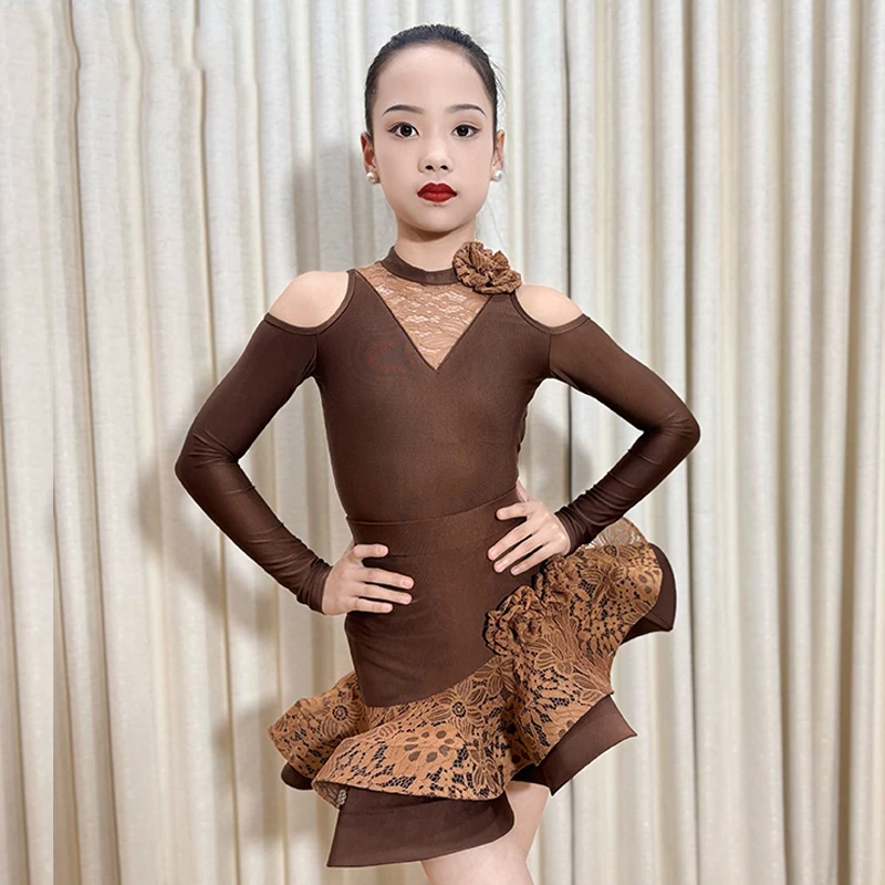 

Детская одежда для латинских танцев, кружевные топы с длинными рукавами, юбка, костюм для танцев ча-ча для девочек, платье для латинских танцев, DNV22165