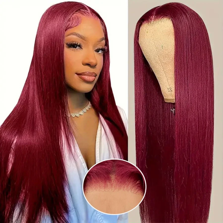 99j Burgunderrote Lace Frontal Echthaarperücke, 200 Dichte, vorgezupfte rote Haarperücke, 13x4 HD Glatte Lace Front Echthaarperücke