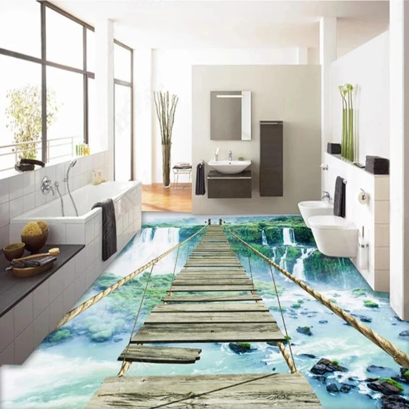 Custom Photo 3D Floor Mural Wallpaper Modern Landscape Waterfall Thrilling Rope Bridge Self Adhesive background wall restaurant