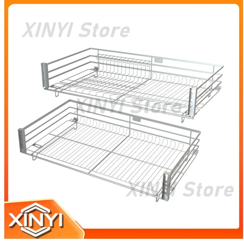 Pull Basket for Kitchen Cabinet Nano Dry Plating Dish Basket Double Layer Bowl Rack Drain Rack Drawer Storage Organizer