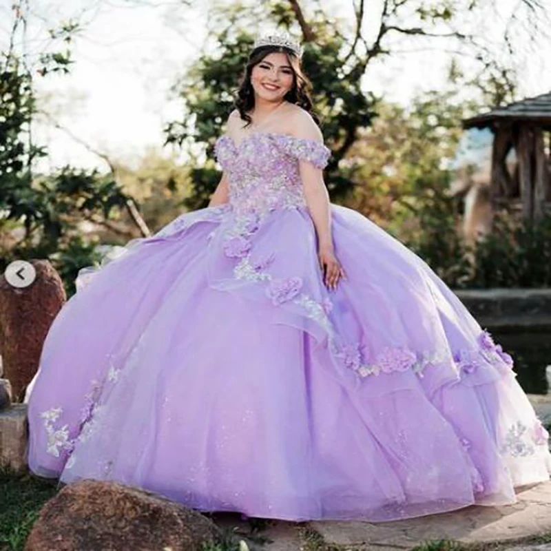 Vestido Lila brillante De quinceañera, 15 Años, 2022, Florals, sin hombros, esponjoso, dulce 16, lujoso Charro mejicano para baile De graduación