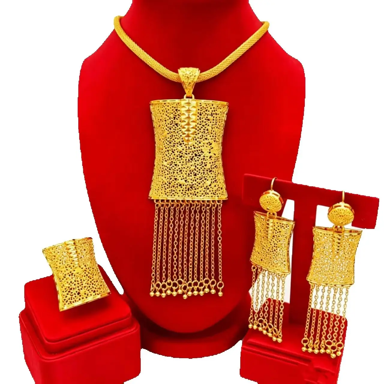 

Hot selling African Dubai Jewelry 24K Gold Plated Necklace Earrings Rings Lndian Wedding Party Accessories Jewelry YY10991