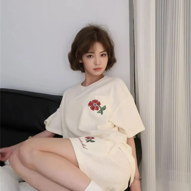 

2024 summer new mesh pajamas women's round neck pullover short sleeve shorts lovely flowers Japanese girls casual suit M-XXL