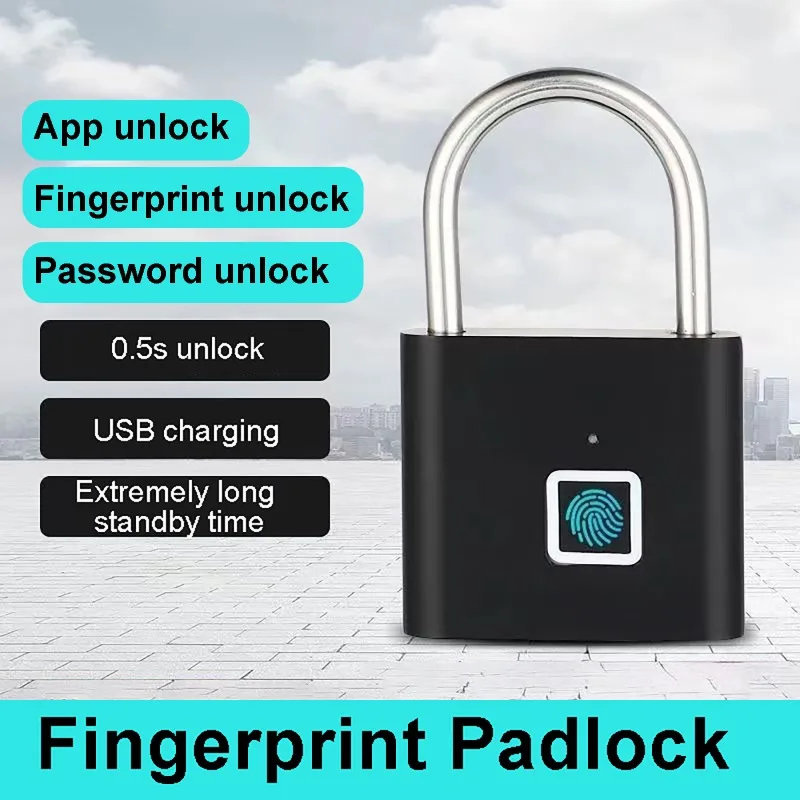 Fingerprint Lock Keyless USB Charging Smart Padlock Door Lock 0.2sec Unlock Portable Anti-theft Padlocks 30 Groups Fingerprints