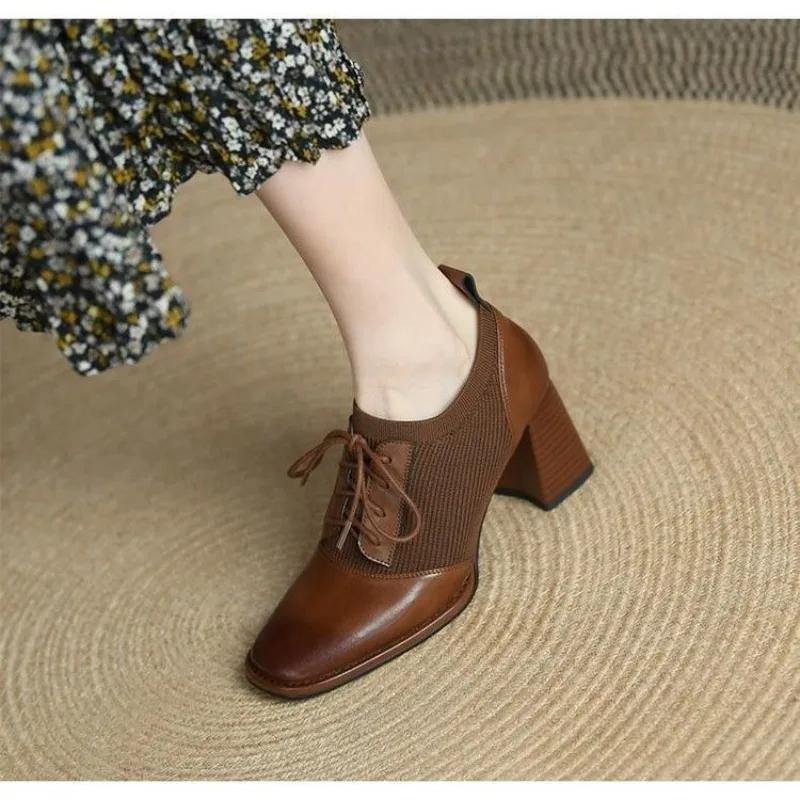 2024 New Thick Heel High Heels Women's Spring and Autumn Naked Boots Brown Knitted British Style Lace up Small Leather Shoes