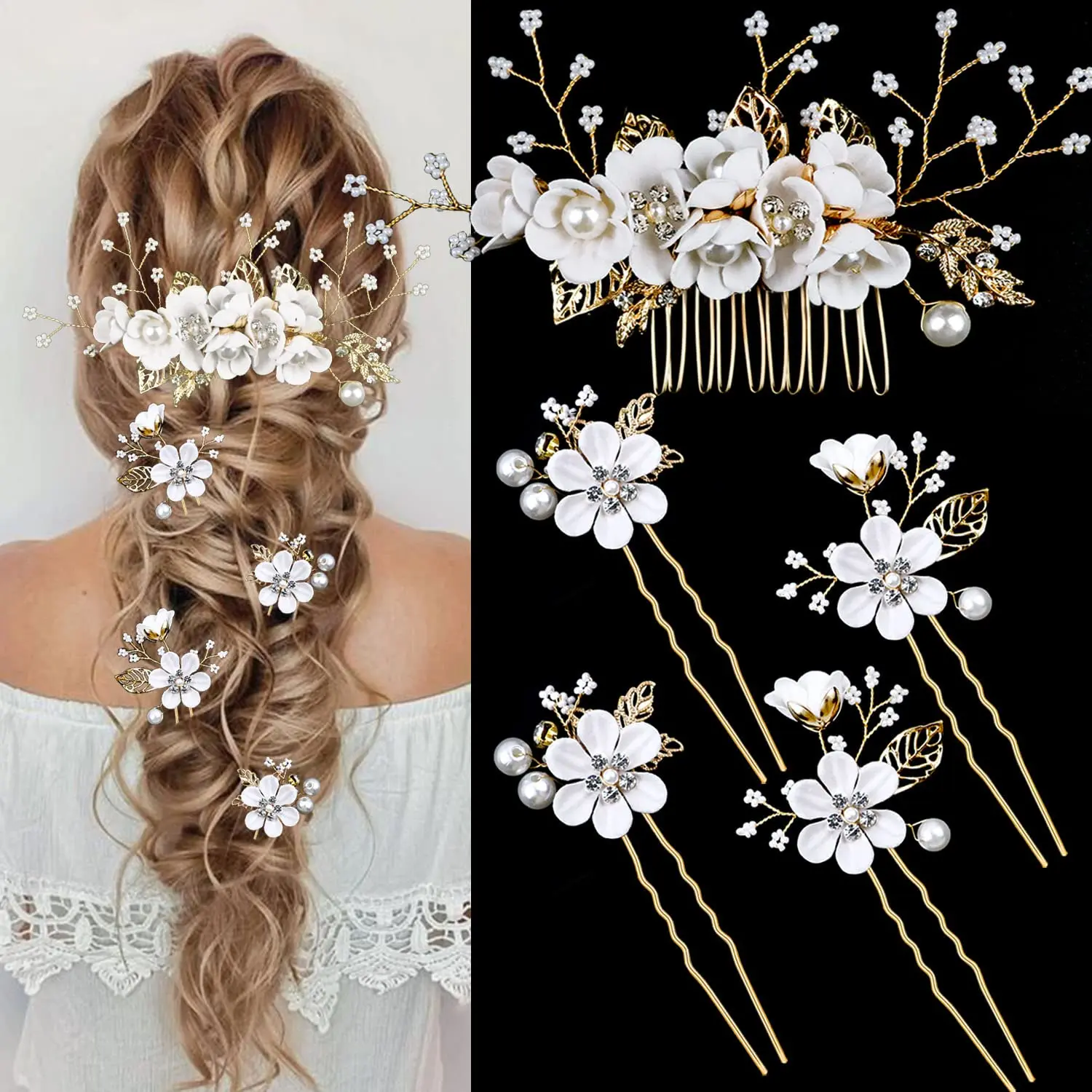 

5PCS Bridal Flower Hair Pins Crystal Pearl Gold Wedding Hair Accessories Rhinestone for Brides Bridesmaids Women Updo