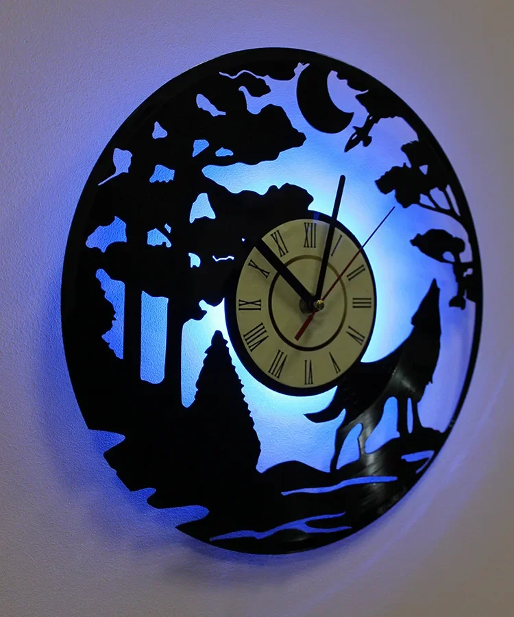 Luminous Cool Led Wolf Vinyl Record Wall Clock with Remote Control LED Light Drop Shipping Wall Decor Decoration for Rooms