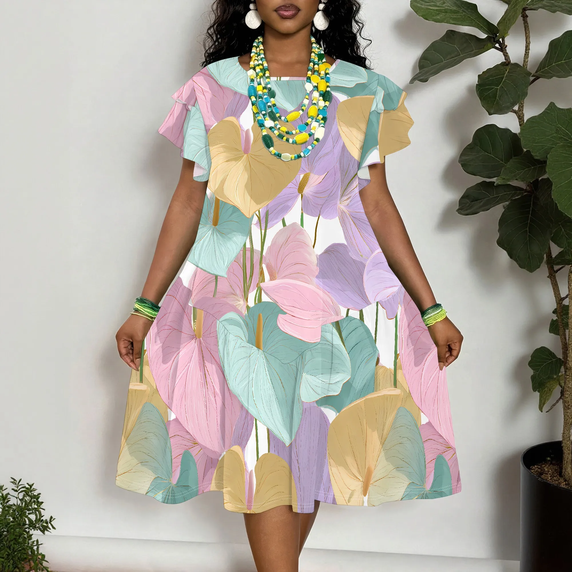 

Pastel Floral Print Short Sleeve Dress for Women - Summer Casual A-Line Midi Dress with Ruffle Sleeves