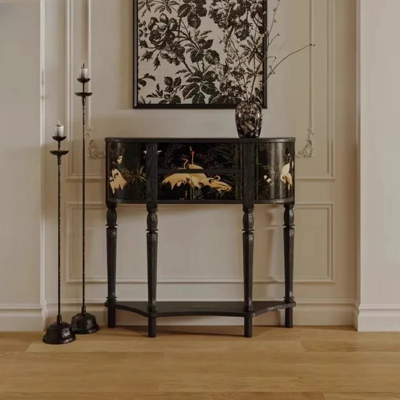 Medieval black painted entrance table French animal pattern foyer display cabinet retro solid wood storage case