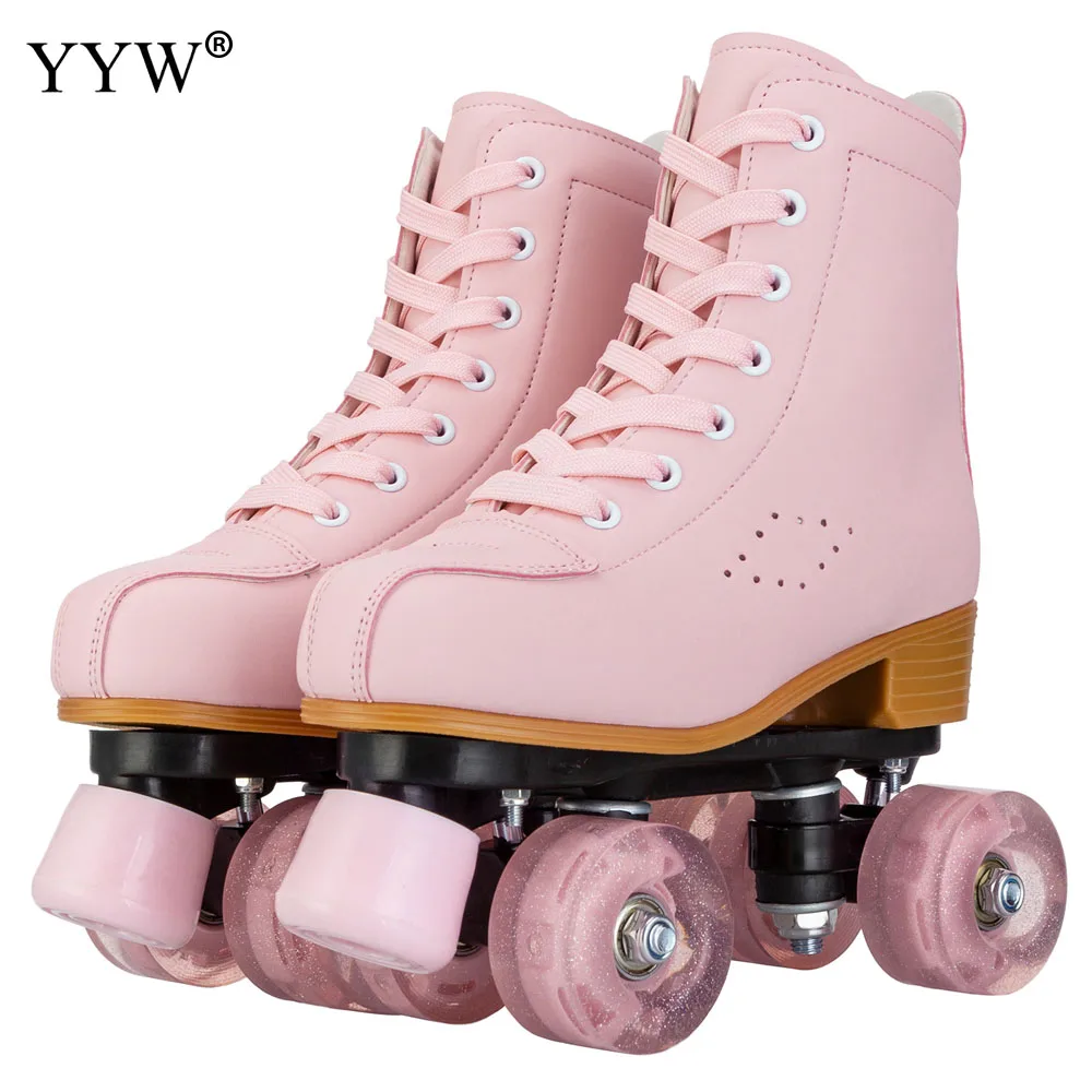 Womens Roller Skates Light Up Wheels Outdoor Artificial Leather Adjustable Double Row 4 Wheels Shiny Roller Skates for Adult