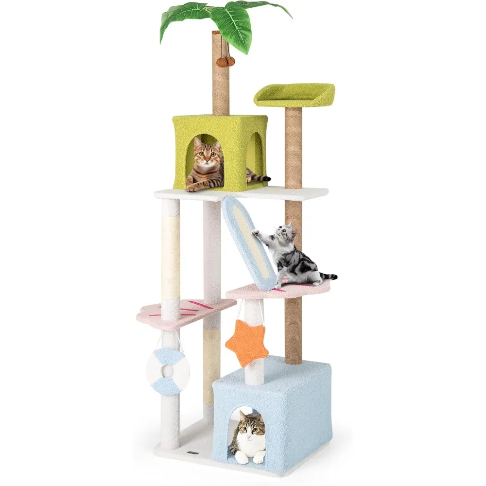

71 Inch Beach-Themed Tall Cat Tree, Multi-Level Cat Tower with Scratching Posts, Dual Condos, Ramp, Faux Plant Leaves