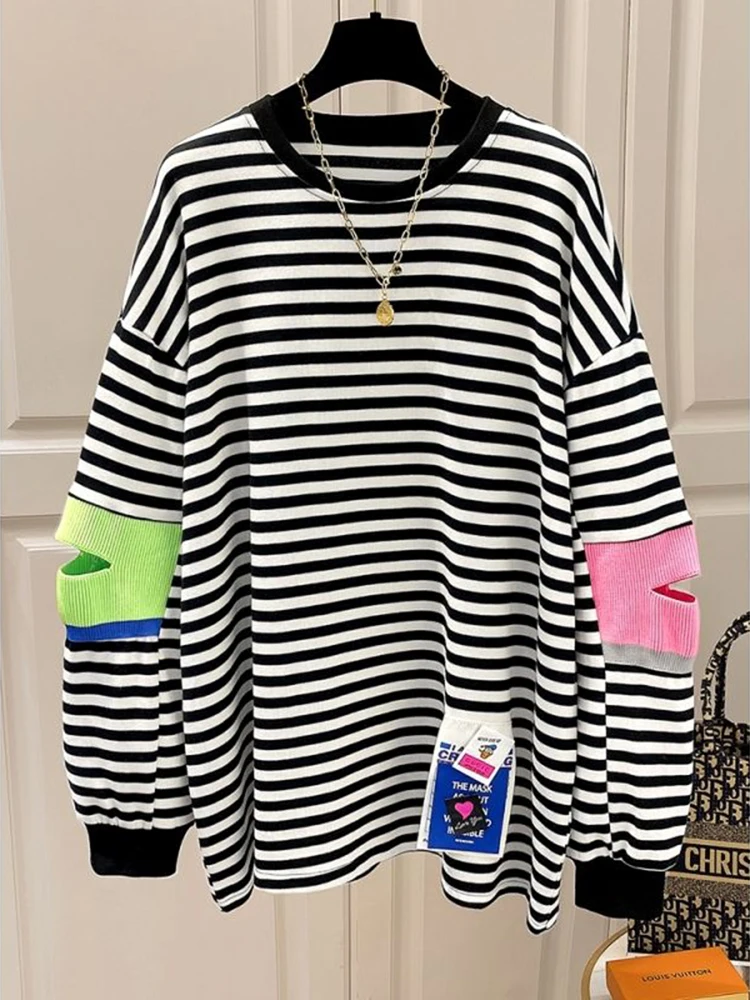 

Large women's hoodie jacket for spring and autumn, Korean loose fitting pullover, long sleeved, striped sweatshirt