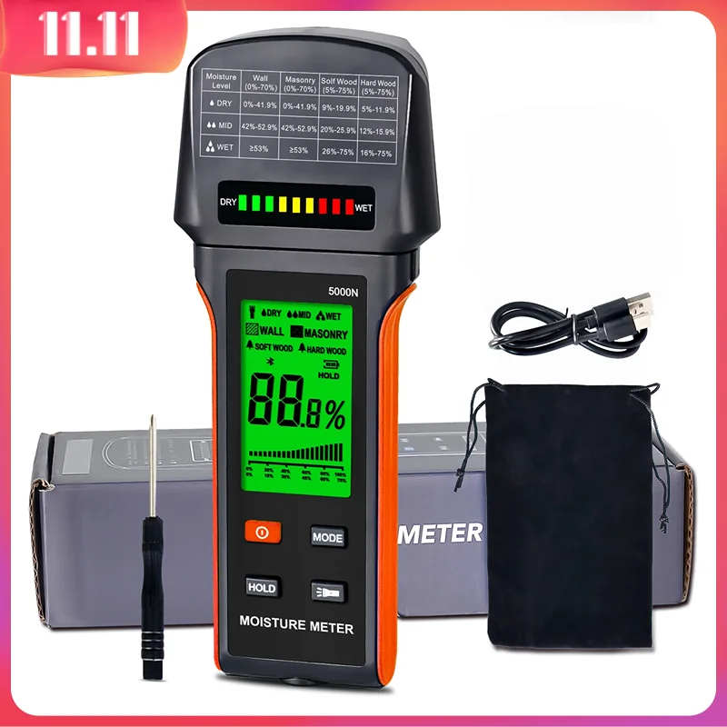 

Digital Moisture Meter,BT-5000N Pinless Moisture Meter for Wood, Drywall & Concrete Plaster Floor Concrete Building with 3-Color