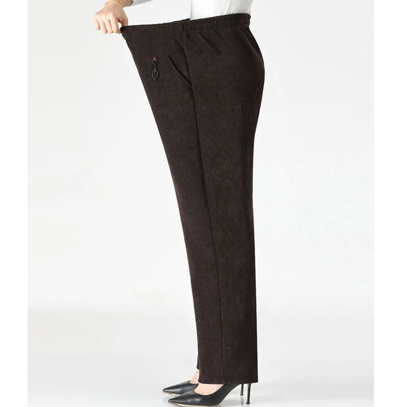 ผู้หญิง Corduroy กางเกงฤดูใบไม้ร่วงใหม่ Elastic High เอว Casual กางเกงฤดูหนาว Plush WARM ตรงกางเกงหญิงวัยกลางคนกางเกง