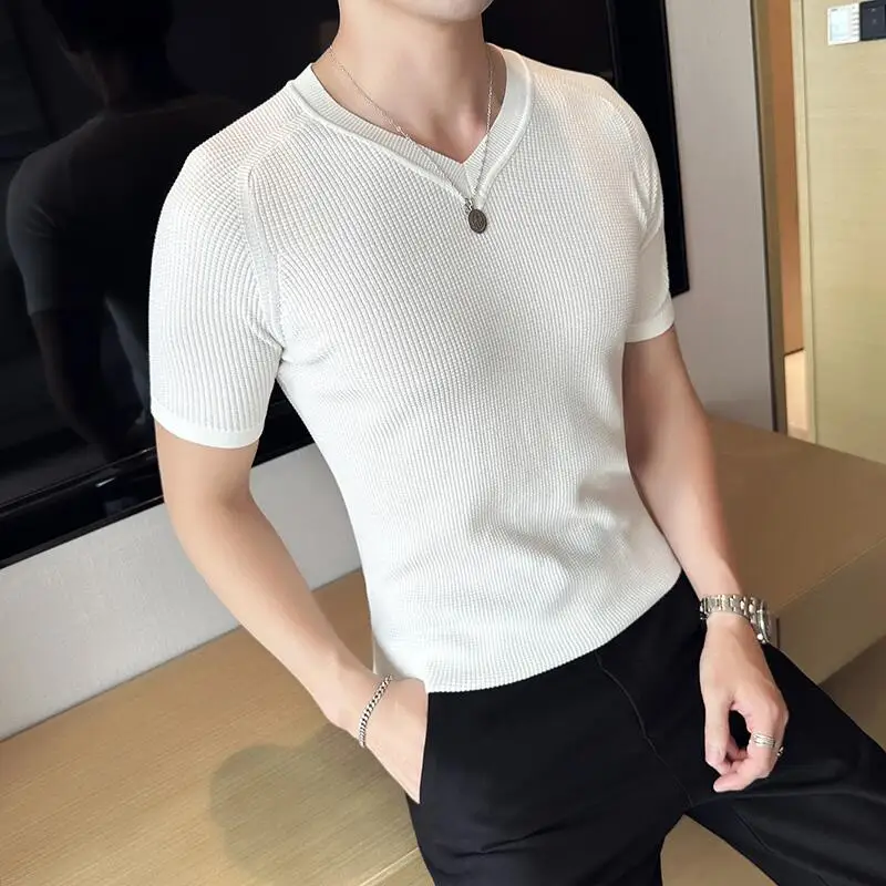 2024 Summer New V Neck T-shirt Men\'s Ice Silk Breathable Short Sleeves Knitted T Shirts Men Simple Casual Slim Fit Tee Top