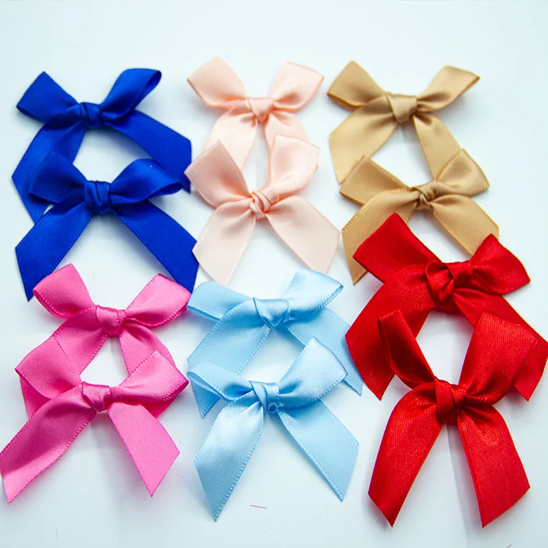 20pcs Fresh Pink Satin Ribbon Bows Twist Tie Bows Mini Red Satin Ribbon Bow Appliques for DIY Craft Sewing Gift Wrapping 55x60mm