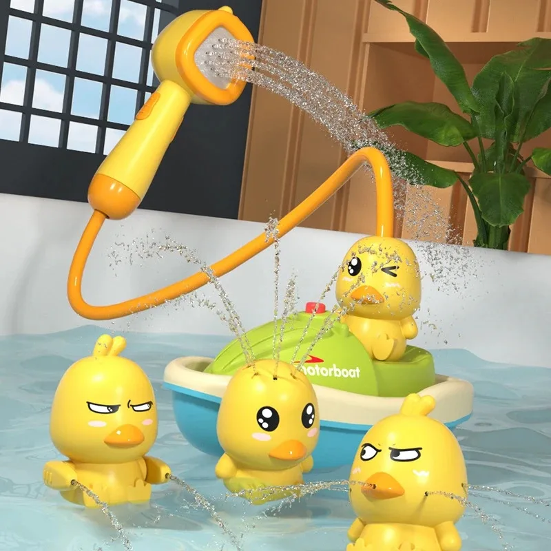 Cute Duck Bathtub Boat Toy with 3 Emotional Ducks Automatic Water Spray Toys for Toddlers, Sensory Interactive Baby Shower Gift
