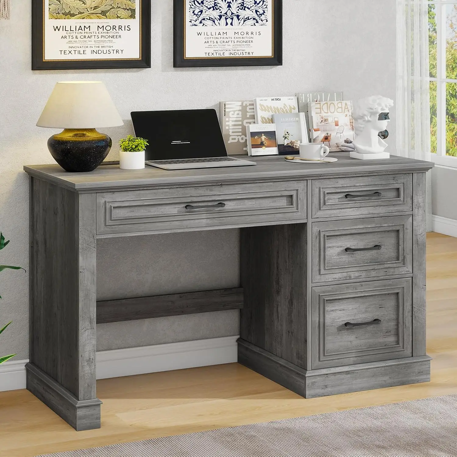 Farmhouse Executive Desk with File Drawer & 4 Drawers, Grey Computer Workstation for Home Office Study Writing, 47