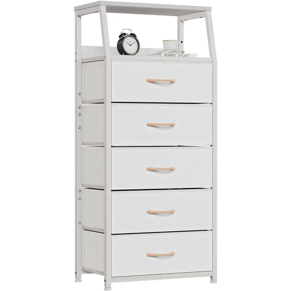 

White Dresser with 5 Drawers, Vertical Storage Tower Fabric Dresser for Bedroom, Hallway, Entryway, Nursery, Closet