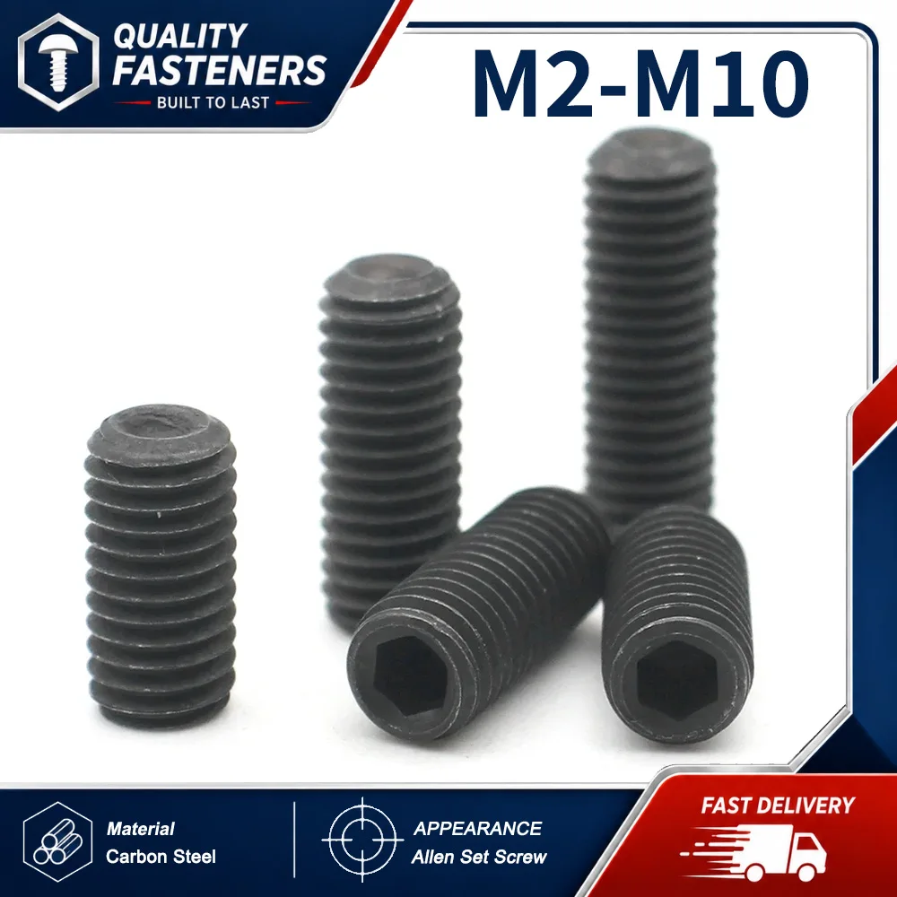 10pcs M2 M2.5 M3 M4 M5 M6 M8 M10 Black Grade12.9 Carbon Steel Hexagon Hex Socket Set Screw Headless Cup Point Set Screw