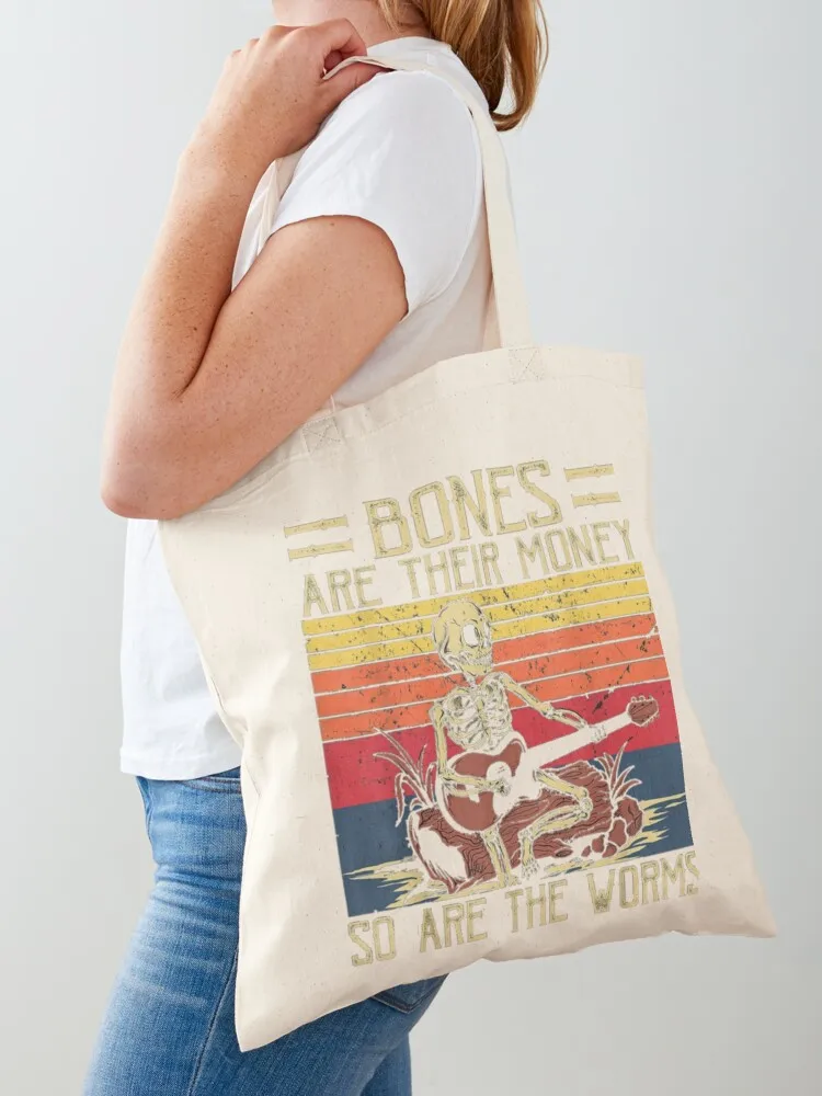 Bones Are Their Money Skeleton Playing Guitar Retro Vintage Tote Bag large tote bag shopping bags foldable Women's beach bags