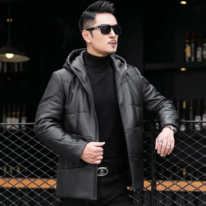 

Men's High Quality Genuine sheepskin Leather Down short outerwear Hooded Businessman Style Clothing winter jackets