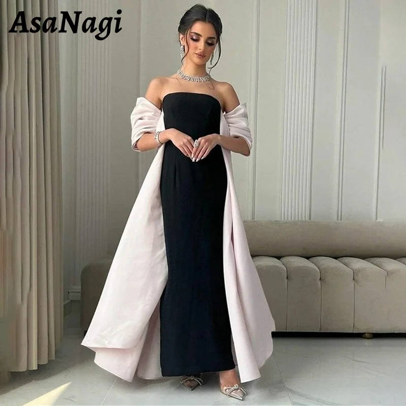 

AsaNagi Elegant Strapless Prom Dress Women Simple Mermaid Party Evening Gown Ankle Length Black Saudi Special Occasion Dresses