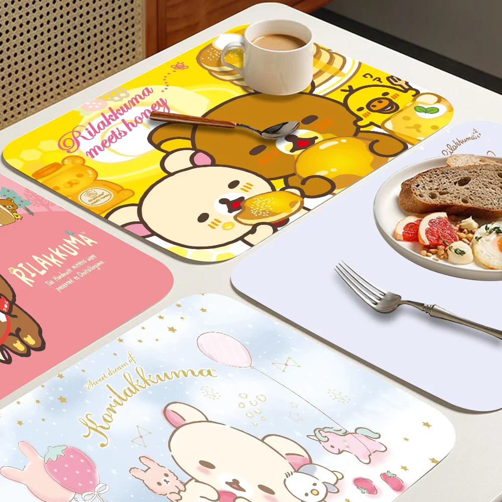 Kawaii Rilakkuma Bear Super Absorbent Coffee Mat Dish Draining Mat Large Kitchen Drying Mat Quick Dry Bathroom Drain Pad Kitchen