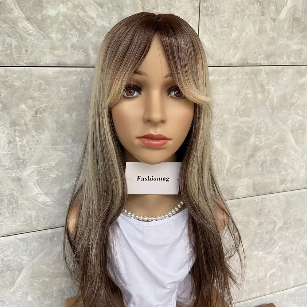 

Long Straight Blonde Mix Brown Synthetic Human Hair Blend Heat Ok Wig