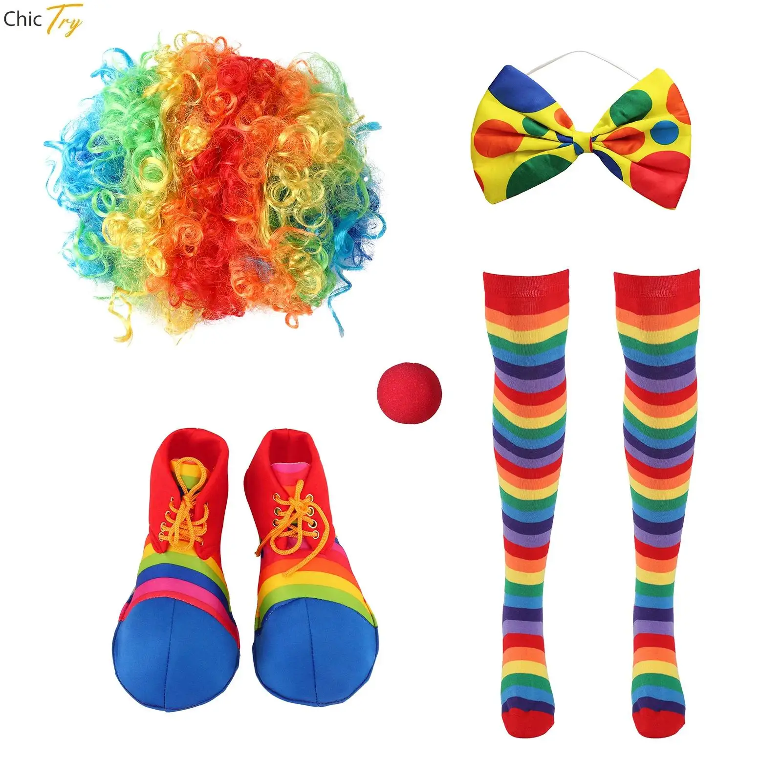 Accesorios de disfraz de payaso divertido, zapatos de arcoíris, peluca rizada, nariz roja para fiesta de Halloween, Cosplay de Jester Mardi Gras, 5 piezas por juego