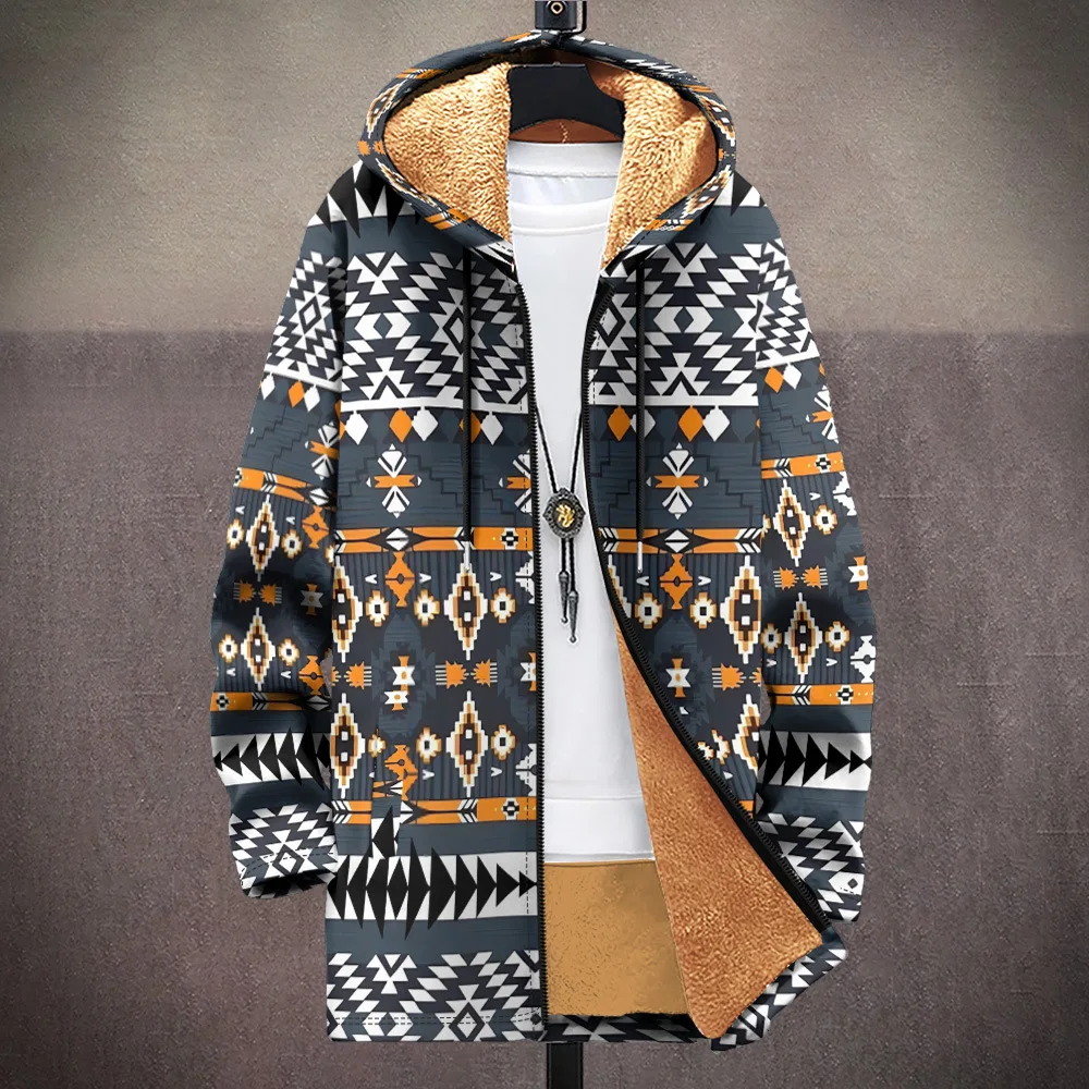 Creative Retro tribal elements 3D Print Winter Long Sleeve Hoodies Zipper Jacket Men Fleece Outerwear Warm Long style Coats