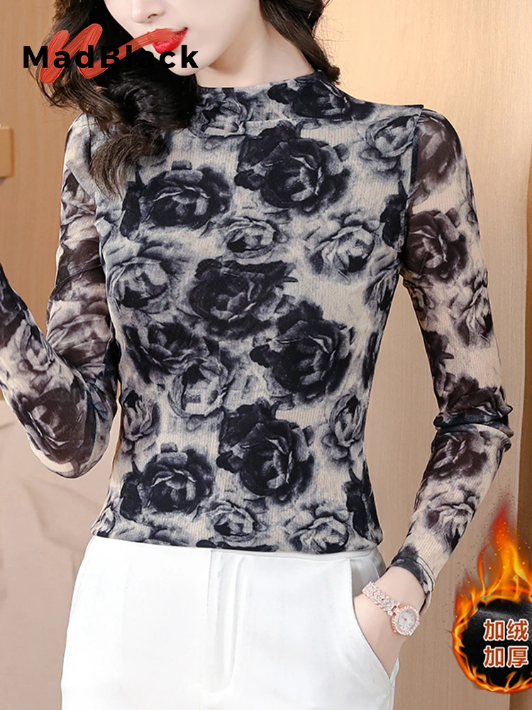 

MadBlack, European Clothes Tshirt, Women Sexy Mock Neck Floral Top, Long Sleeve Thicken Fleece Slim Tee, Autumn Winter T47955QC