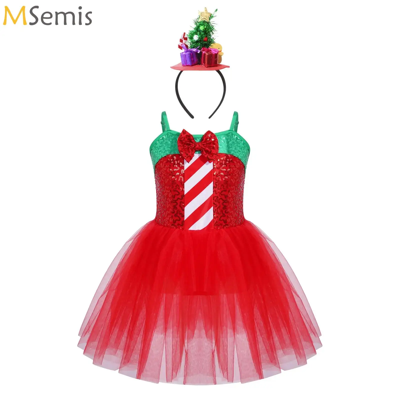 

Girls Mrs Santa Claus Costume Sequins Bow Stripes Christmas Dance Dress+Headband Figure Ice Skating Tutu Dress Leotard Dancewear