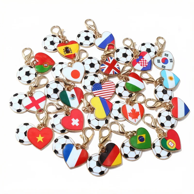 10pcs Enamel Football National Flags of Countries Heart Charms Pendant  with Lobster Clasp DIY Jewelry Making Accessories