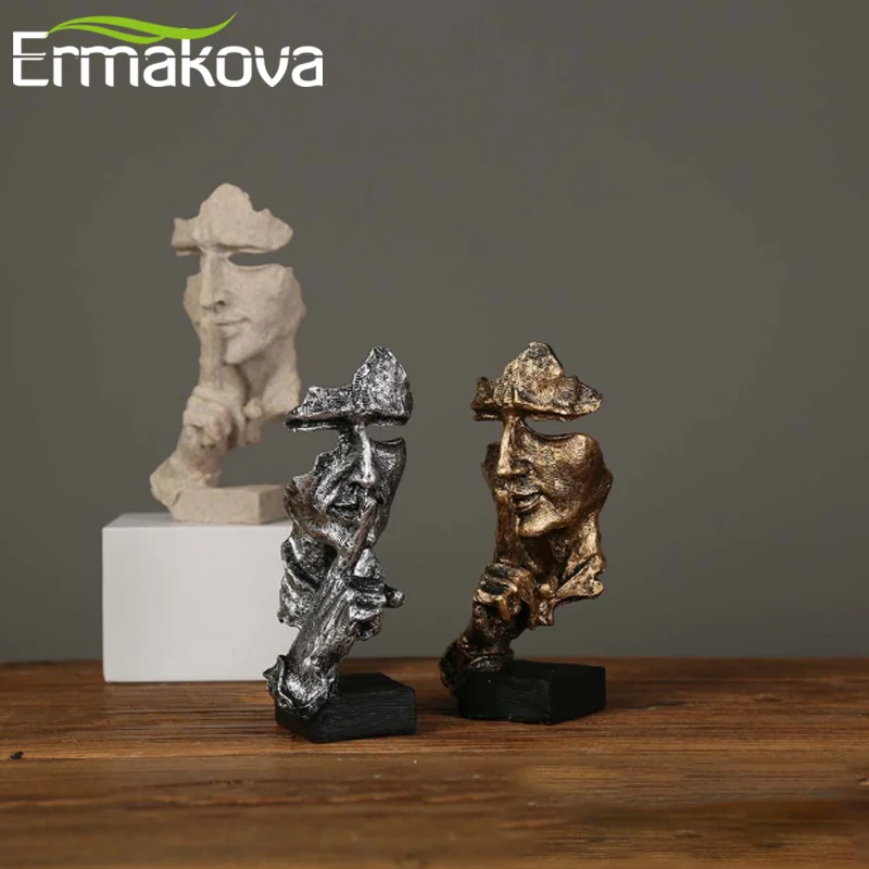 ERMAKOVA Abstract Silence Is Golden Figurine Resin Hand Face Silent Men Statue Sculpture Home Office Living Room Decoration