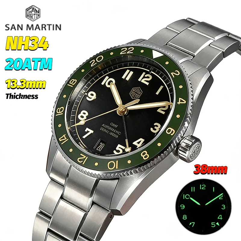 

Мужские автоматические механические часы San Martin SN0140W GMT с механизмом NH34, сапфировым стеклом Bubble, водонепроницаемостью 200 м, 38 мм, в ретро-стиле, черные, люксовые