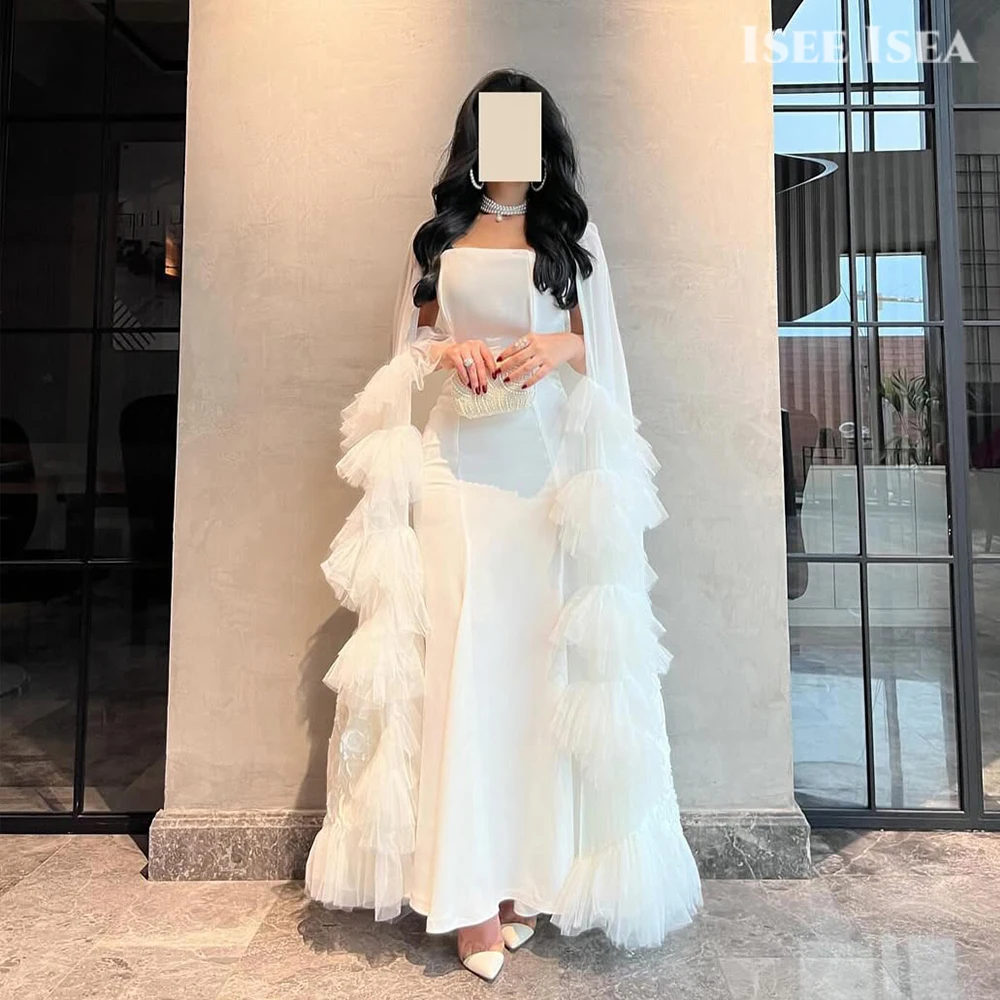 Vestidos de Noche blancos, apliques de cuentas de satén, volantes, ocasiones formales, mangas tipo capa, vestido de fiesta, vestidos de fiesta de noche personalizados