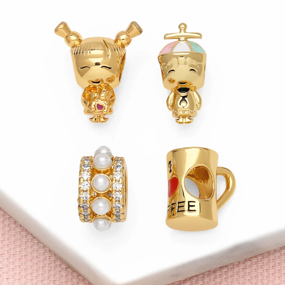OCESRIO Trendy Enamel Boy Girl Charms for Bracelet Copper Gold Plated Coffee Cup Pearl Ring Jewelry Making Supplies chma256
